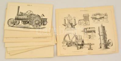 cca 1890 12 db gőzgépeket és gőzkazánokat ábrázoló fametszet a Pallasból . 16x24 cm