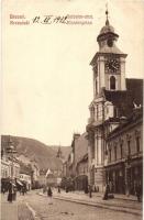 Brassó, Kronstadt, Brasov; Kolostor utca, templom, üzletek, Brassói lapok kiadása / Klostergasse / street view with church and shops