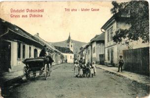 Dobsina, Dobschau, Dobsiná; Téli utca, templom, lovaskocsi, gyerekek. W. L. Bp. 5989. / Winter Gasse / street view, church, horse carriage, children (fl)