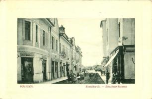 Pöstyén, Pistyan, Piestany; Erzsébet út, Reiszmann Adolf üzlete, babakocsi. W. L. Bp. 4400. Kiadja Schultz Paula / Elisabeth Strasse / street view, shops, pram (ázott sarok / wet corner)