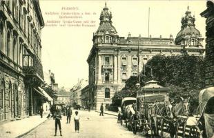 Pozsony, Pressburg, Bratislava; Andrássy Gyula utca a Kereskedelmi és Iparkamarával, hintó, étterem. W. L. Bp. 659. / Handels und Gewerbe-Kammer / street view, carriage, restaurant, Chamber of Commerce and Industry (szakadás / tear)