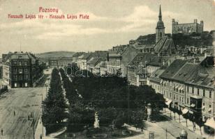 Pozsony, Pressburg, Bratislava; Kossuth Lajos tér, üzletek, vár. W. L. Bp. 665. Kiadja Josef Skoda / square, shops, castle (EK)