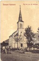 Ruttka, Vrútky; Evangélikus templom, hintó. W. L. Bp. 5866. Kiadja a Felvidéki Magyarság nyomdája / Lutheran church, carriage (fl)