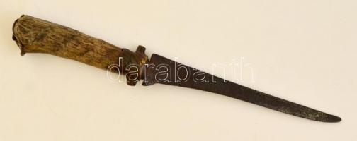 XIX. sz. eleje, Régi vadászkés díszes bronz markolatgombbal és kereszttel / Vintage hunter knife 28 cm