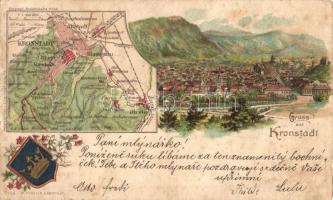 1899 Brassó, Brasov, Kronstadt; Látkép, térkép, címer / general view, map, coat of arms, Verlag W. Hiemesch, Geograph. Ansichtskarte No. 38. litho (EB)