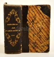 Gradus ad parnassum sive novus synonymorum, eptihetorum, et phrasium poeticarum thesaurus: Elegantias, flavissas poëcas, parnassum poeticum, thesaurum Virgilii. Smetium, ... Tyrnaviae, 1747. Typ. academicis soc. Jesu. 1246 l. XIX, sz, eleji aranyozott félbőr kötésben. Egy-két lap széle restaurálva.