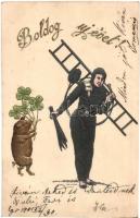 1901 Boldog újévet! / New Year greeting, chimney sweeper, pig, clover, litho, Emb.