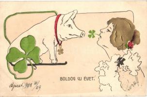 1902 Boldog új évet! / New Year greeting, pig, clover, Emb.