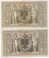 Német Birodalom 1910. 1000M piros (4x) és zöld (4x) pecsét T:II-III
German Empire 1910. 1000 Mark r...