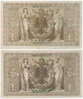 Német Birodalom 1910. 1000M piros (4x) és zöld (4x) pecsét T:II-III
German Empire 1910. 1000 Mark r...