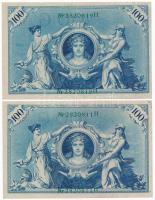 Német Birodalom 1908. 100M piros (4x) és zöld (4x) pecsét T:II-III
German Empire 1908. 100 Mark red...