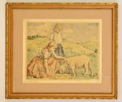 Glatz Oszkár (1862-1958) - Halvax Gyula (1906-1984): Lányok báránnyal, színezett rézkarc, papír, jelzett, paszpartuban, üvegezett fa keretben, 29×37,5 cm