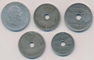Vegyes: Görögország 1912. 5l Ni + 20l Ni + Románia 1905. 10b Cu-Ni + 1906J 10b Cu-Ni + 1946. 500L Al...