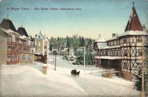 Újtátrafüred, Neu-Schmecks, Novy Smokovec; Szálloda és étterem környéke télen, lovasszán / hotel and restaurant in winter, horse sleigh (EK)