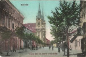 Komárom, Komárno; Nádor utca, Szent András templom, üzletek. Kiadja Laky Béla / street view, church, shops (EM)