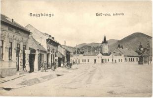 Nagybánya, Baia Mare; Erdő utca, Széna tér, Kovács Lajosné üzlete, Szent István torony. Kiadja Kovács Endre / street view, square, shops, city tower