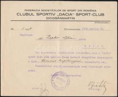1924 Dr. Zsakó István dicsőszentmártoni (Erdély) Dacia Sportklub teniszkapitánnyá történő megválasztása alkalmából kitöltött okmány a klub elnöke és főtitkára által saját kézzel aláírva