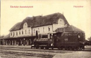 Zsombolya, Hatzfeld, Jimbolia; Vasútállomás, pályaudvar, gőzmozdony, vasutasok. W. L. 428. / railway station, locomotive, railwaymen (EK)