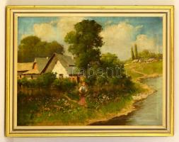 Neogrády jelzéssel: Virágszedés a vízparton, olaj, vászon, jelzett, fa keretben, 59×79 cm