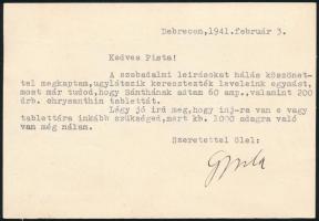 1941 Bp., Dr. Mikó Gyula (1889-1951) gyógyszerész, egyetemi tanár részben saját kézzel írt és aláírt levelezőlapja szakmai témában
