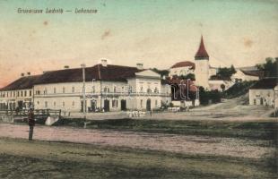 Szászlekence, Lekence, Lechnita; utcakép, Amiras, Csallner és Gross üzlete, Evangélikus erődtemplom. Csallner és Gross saját kiadása / street view, shops, Lutheran fortified church, publishers shop (fl)