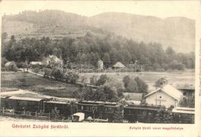 1907 Zsögödfürdő, Jigodin Bai; Vasútállomás, gőzmozdony, vonat szerelvények. Biró József fényképész / railway station, locomotive, train (Rb)