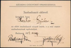 1929 Széchenyi Gyógyfürdő Stranduszodája által kiadott szabadúszói oklevél, szép állapotban