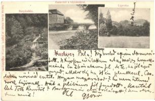 1904 Nagybánya, Baia Mare; Bányászház, Zazar híd, népiskola, liget / miners house, bridge, school, park, kiadja Kovács Gyula (vágott / cut)