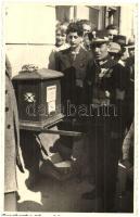 1940 Csíkszereda, Miercurea Ciuc; bevonulás, a magyar posta működésének megkezdése a magyar levélszekrény kihelyezésével / entry of the Hungarian troops, Hungarian post office starts to operate again after the placement of the Hungarian letterbox. Aladics photo + 1940 Csíkszereda visszatért So. Stpl. (EK)