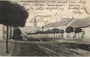 Belényes, Beius; Magyar utca, Református templom / street view, Calvinist church