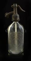 Első Pestújhelyi Szikvízgyár szódásüveg, ón fejjel, kopottas, 0,5 l, m: 27 cm