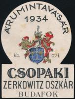 1934 Zerkowitz Oszkár Budafok csopaki bor címke, Árumintavásár 1934 felirattal, 8,5x6,5 cm