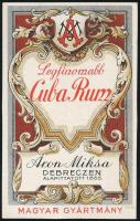 cca 1920 Áron Miksa Debrecen Legfinomabb Cuba Rum italcímke, Klösz, 11,5x7,5 cm