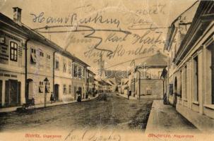 Beszterce, Bistritz, Bistrita; Ungargasse / Magyar utca, Evangélikus templom, Első Bádogos Társaság. Kiadja Schell / street view, Lutheran church, tinsmith company (felületi sérülés / surface damage)