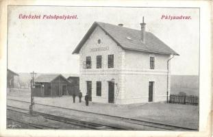 1911 Felsőpulya, Oberpullendorf; Vasútállomás, pályaudvar, létra, vasutasok / railway station, ladder, railwaymen (kis szakadás / small tear)