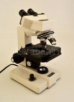 XSZ-8D mikroszkóp, alsó megvilágítással, mozgatható tárgyasztallal, 4 lencsével (4x 10x 40x 100x), halogén izzóval, eredeti fa dobozában m: 35 cm