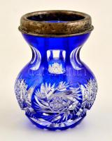 Kék kristály váza, ezüst peremmel. Jelzett, kis lepattanás. 12 cm