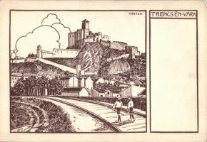 Zászlónk Ifjúsági Tutaj expedíció Trencsén várával. Cserkész művészlap / Hungarian scout boy art postcard with Trencín castle. s: Márton L. (EK)