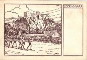 Zászlónk Ifjúsági Tutaj expedíció Beckó várával. Cserkész művészlap / Hungarian scout boy art postcard with Beckov castle. s: Márton L. (EK)