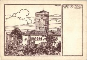 Zászlónk Ifjúsági Tutaj expedíció Budatin várával. Cserkész művészlap / Hungarian scout boy art postcard with Budatín castle. s: Márton L. (EK)