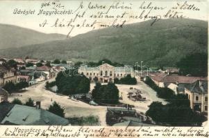 1906 Nagyrőce, Gross-Rauschenbach, Velká Revúca; látkép a vendéglővel, étterem, piaci árusok, Groszman Samu üzlete, kis híd / general view with restaurant, market vendors, shops, bridge (EK)