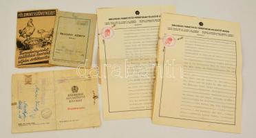 1885-1957 3 db egyházi anyakönyvi kivonat igazolása későbbi illetékbélyegekkel + 1951 Köchler Sándor (Szederkény) termelő beadási könyve, szállítási szerződés és egyéb beszolgáltatással kapcsolatos iratok