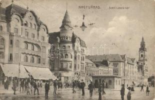 Nagyvárad, Oradea; Szent László tér, Fekete Sas szálloda, Vigadó mozgó (mozi), Biztosító intézet, üzletek. Rigler József Ede kiadása / square, hotel, cinema, insurance company, shops