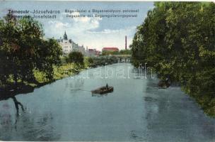 Temesvár, Timisoara; Józsefváros. Béga folyó részlete a Béga szabályozó palotával, csónak / Josefstadt. Bega partie mit Begaregulierungspalast / Iosefin. Bega river with river control regulation palace, boat (EK)