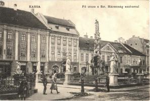 Kassa, Kosice; Fő utca, Szentháromság szobor, Zsatkovits Ede, Singer varrógép üzlet. Kiadja Varga Bertalan / main street, Trinity statue, shops, sewing machine store (EK)