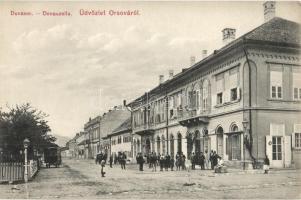 Orsova, Donauzeile / Duna sor, szálloda, omnibusz, Oláh Kálmán üzlete. Hutterer G. 14. / street view, hotel, omnibus, shops (EK)