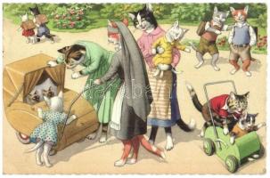 Cat moms with baby carriage and twin baby cats. Colorprint B. Special 2255/3. - modern postcard (EK)