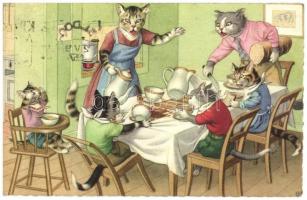 Cats having breakfast, clumsy cat spills cocoa drink all over the table. Colorprint B. Special 2255/1. - modern postcard (EK)