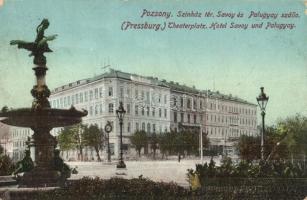Pozsony, Pressburg, Bratislava; Theaterplatz, Hotel Savoy u. Palugyay / Színház tér, Savoy és Palugyay szálloda / hotels (EK)