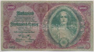 Ausztria / Osztrák-Magyar Bank 1922. 5000K T:III ly., szakadás Austria / Österreichisch-Ungarische Bank 1922. 5000 Kronen C:F hole, tear  Krause 79